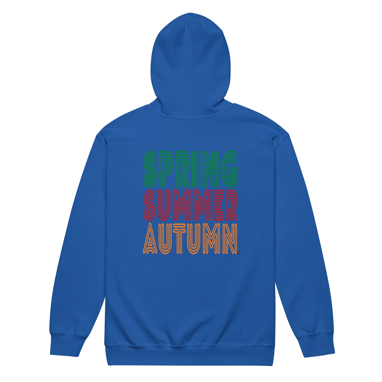 Blue hoodie with 'Spring Summer Autumn' text on the back against a white background