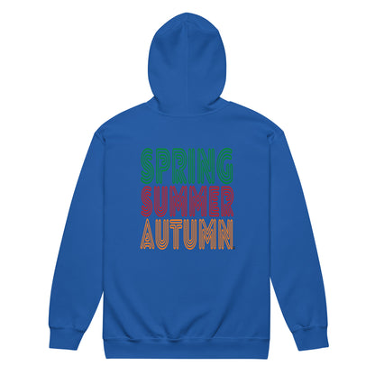 Blue hoodie with 'Spring Summer Autumn' text on the back against a white background