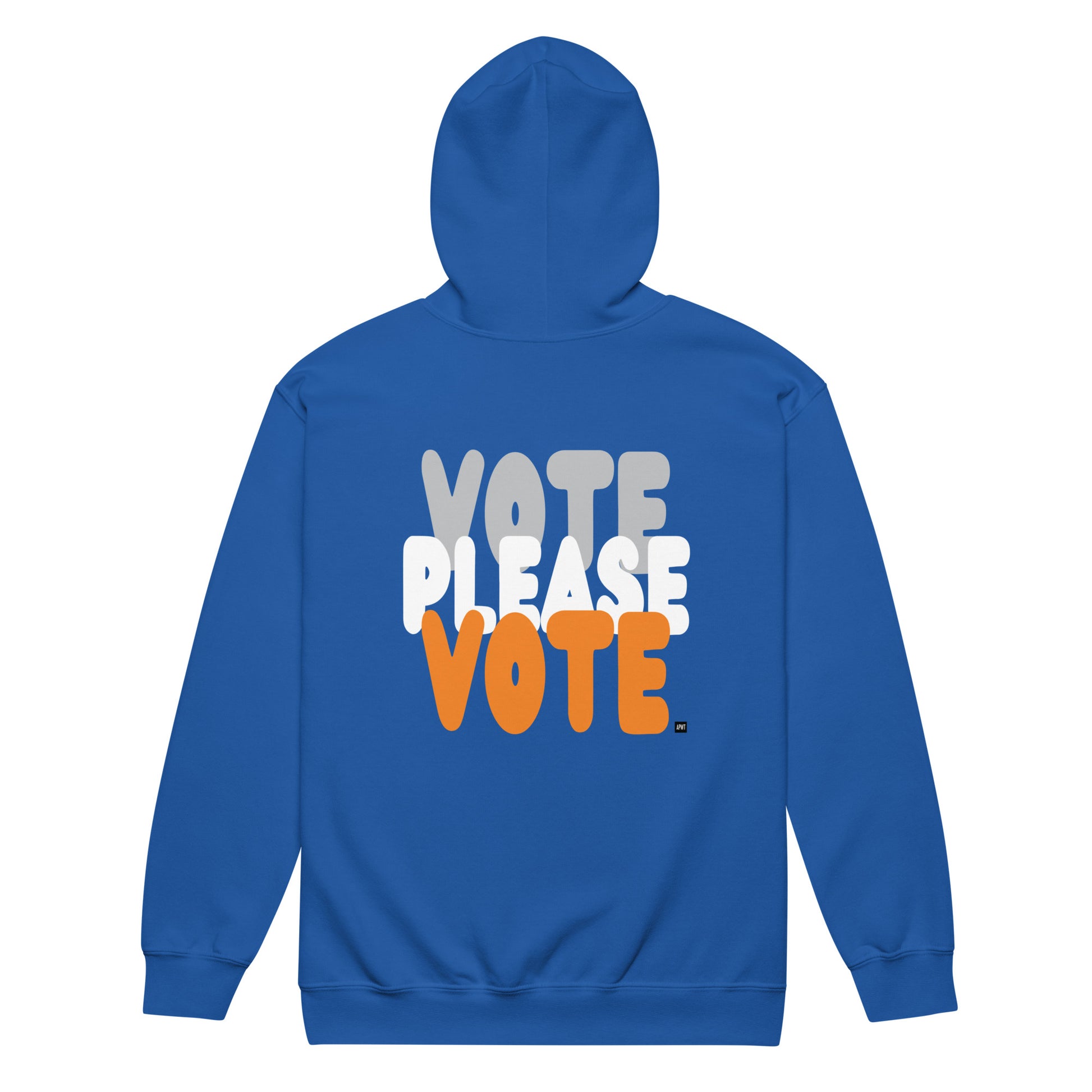 The APWT Gift Shop's Please Vote in Blue and Orange Unisex Zip-Up Hoodie from the APWT Vote Shop - Side View