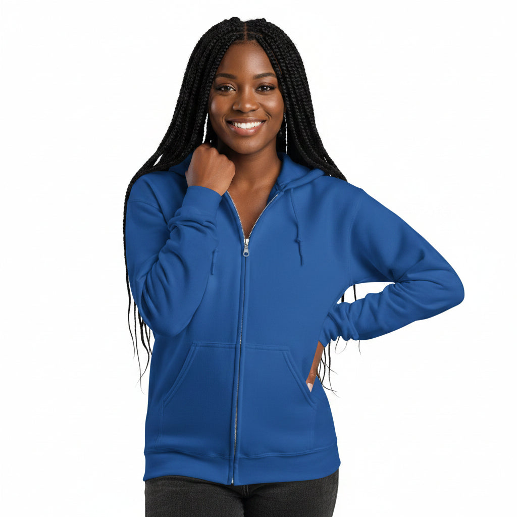 Woman wearing the APWT Gift Shop's Please Vote in Blue and Orange Unisex Zip-Up Hoodie from the APWT Vote Shop - Front View