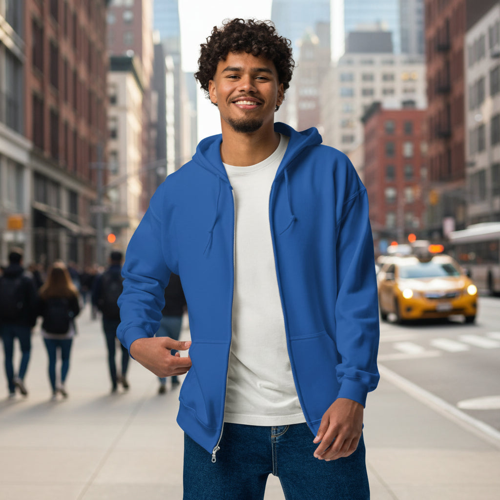 Man wearing the APWT Gift Shop's Please Vote in Blue and Orange Unisex Zip-Up Hoodie from the APWT Vote Shop - Front View