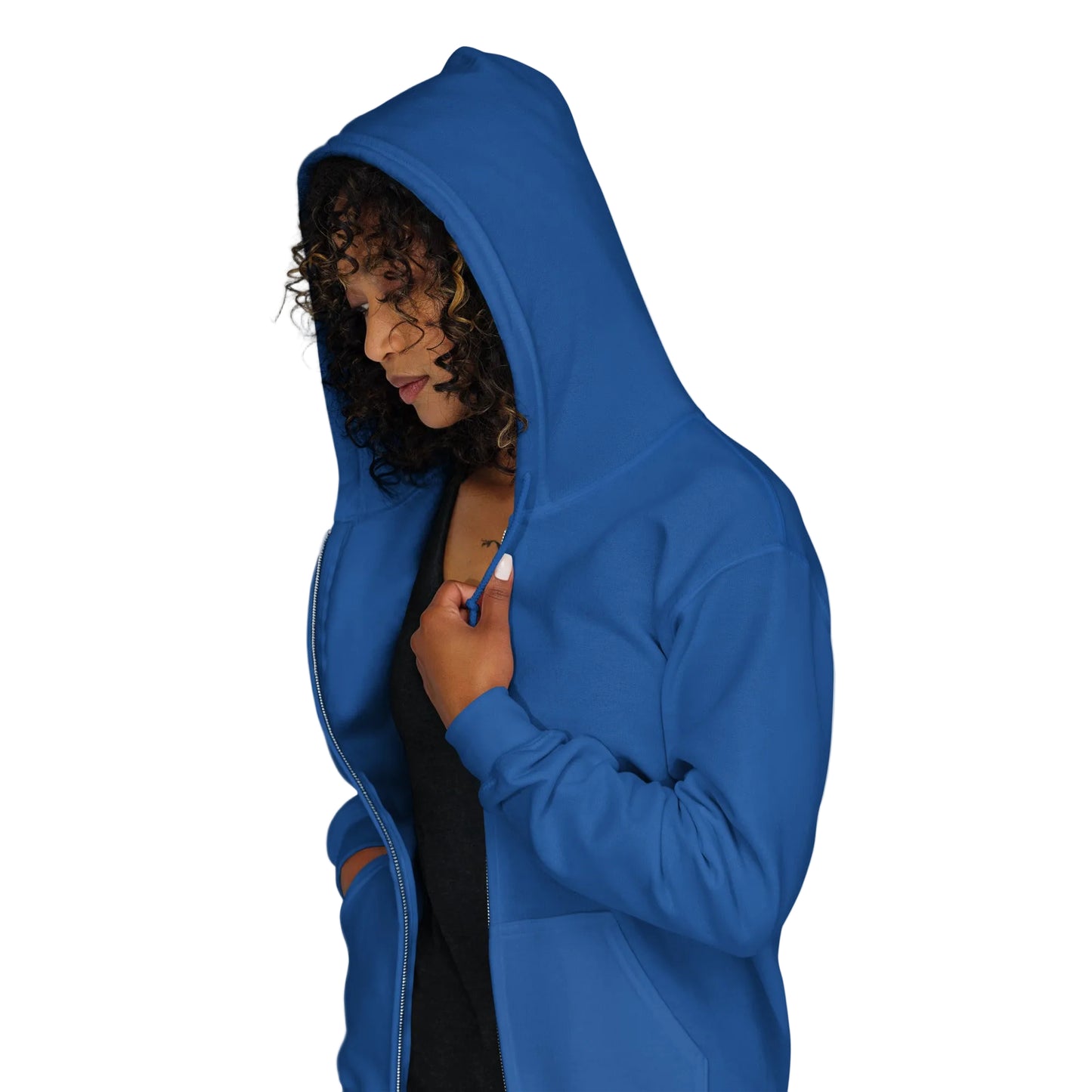 Woman wearing the APWT Gift Shop's Please Vote in Blue and Orange Unisex Zip-Up Hoodie from the APWT Vote Shop - Side View