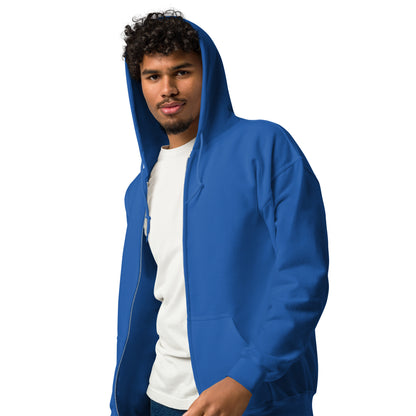 man wearing the APWT Gift Shop's Please Vote in Blue and Orange Unisex Zip-Up Hoodie from the APWT Vote Shop - Side View