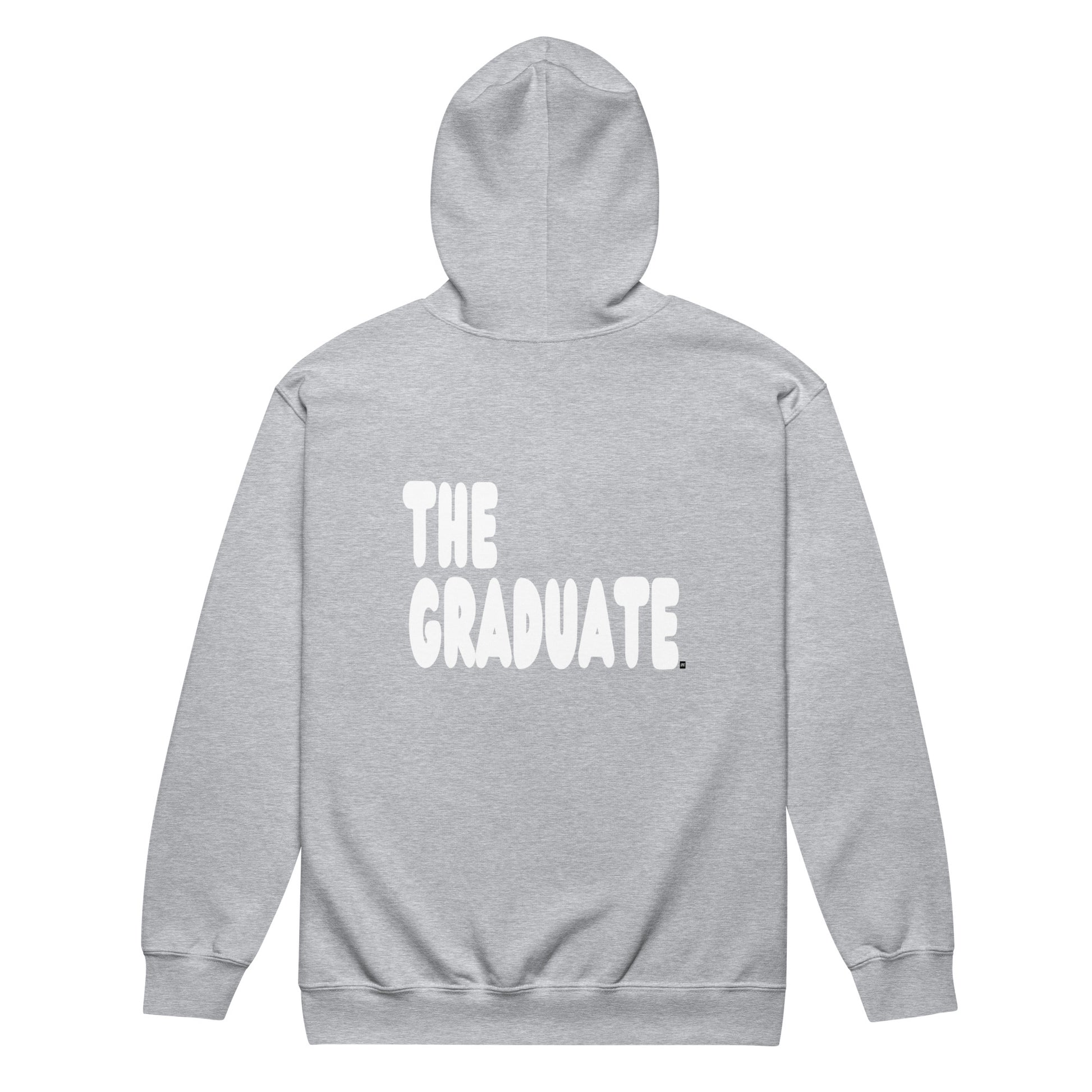 Gray hoodie with 'THE GRADUATE' text on the back against a white background