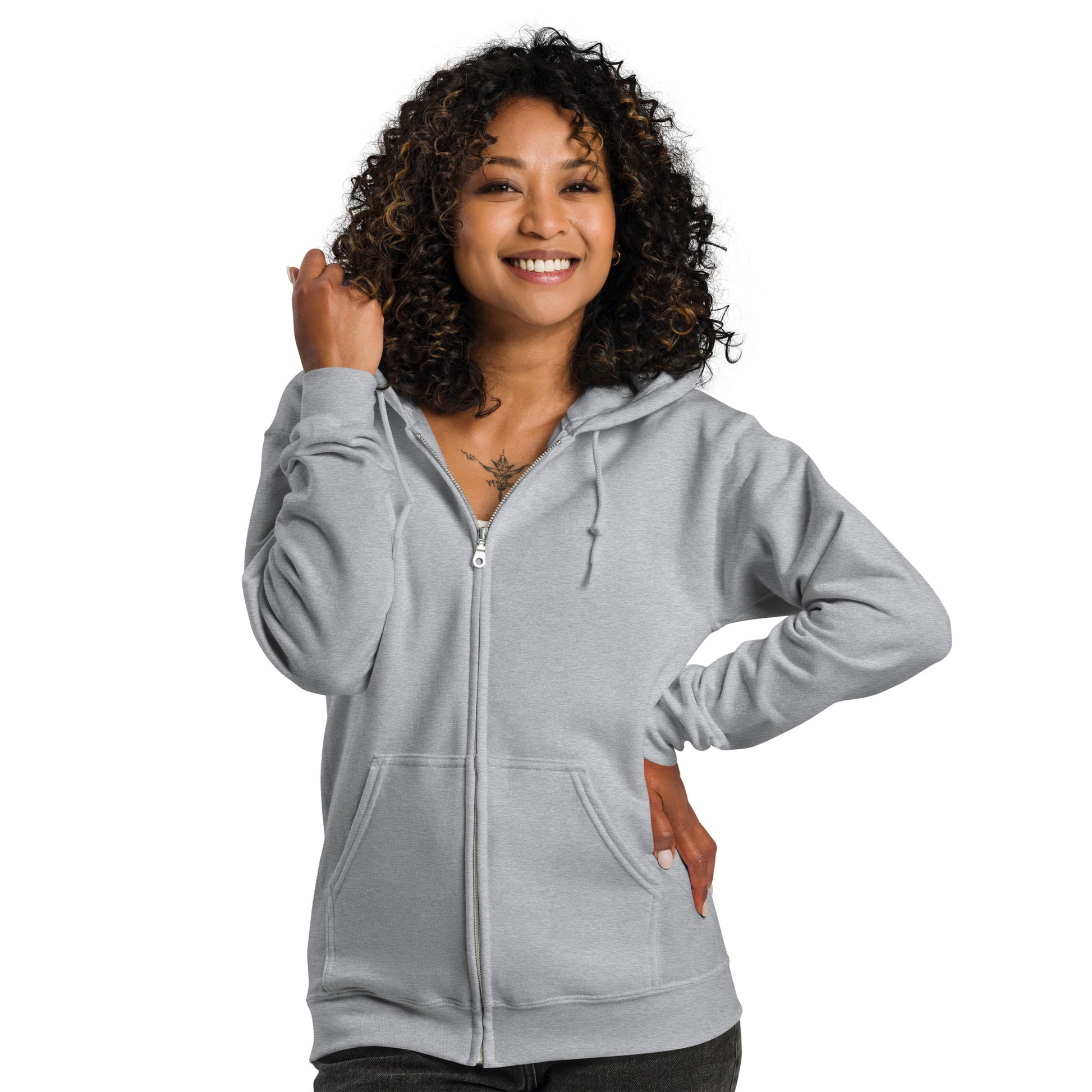 Woman wearing Woman wearing The Bridal Party Unisex Zip-Up Hoodie in Grey