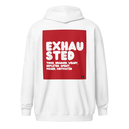 Exhausted in Red Unisex Zip-Up Hoodie - The APWT Gift Shop