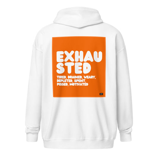 Exhausted in Orange and White Unisex Zip-Up Hoodie - The APWT Gift Shop