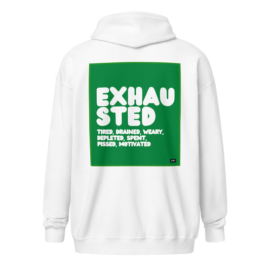 Exhausted in Green and White Unisex Zip-Up Hoodie - The APWT Gift Shop