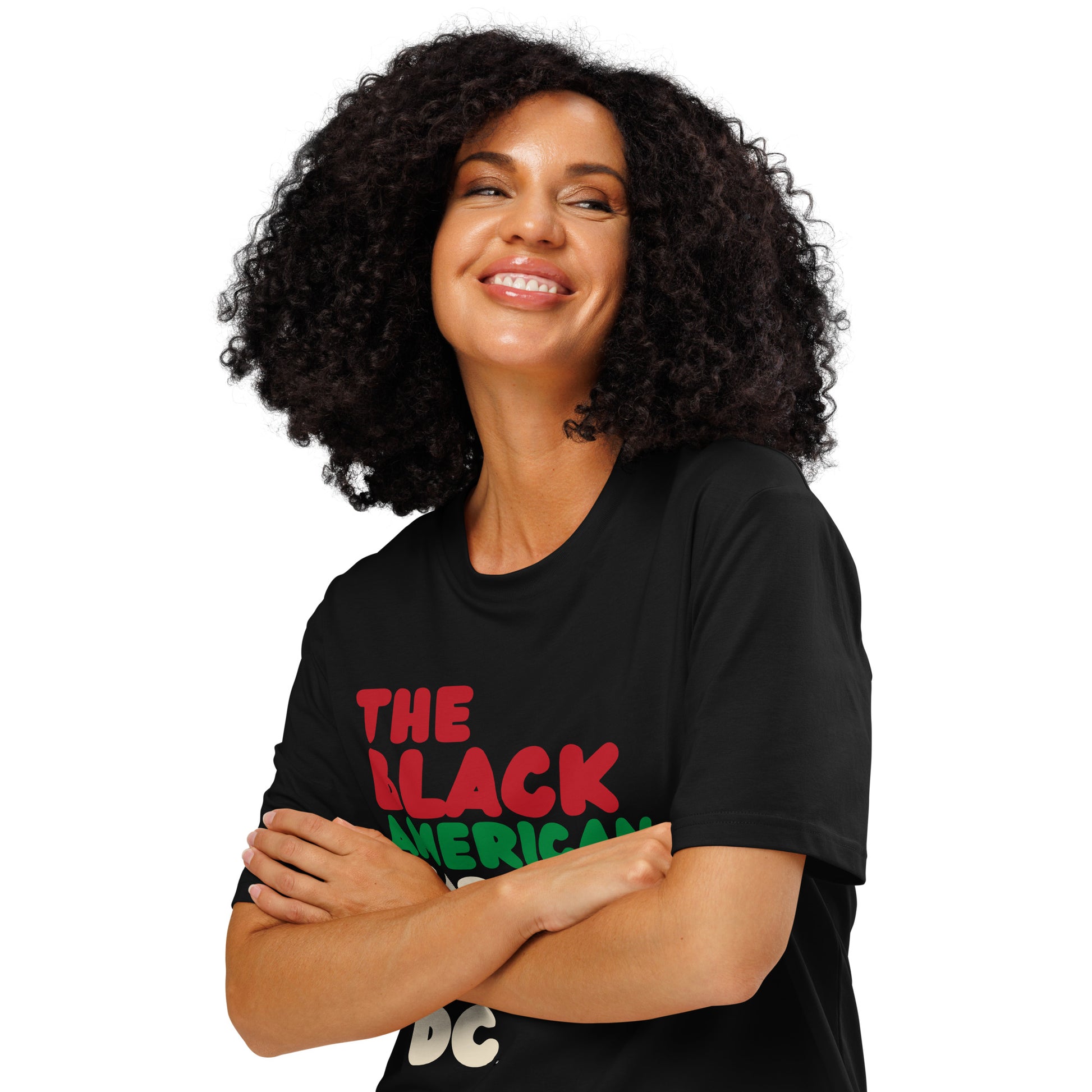 Woman wearing The Black American Washington DC Premium Unisex T-Shirt Close-Up