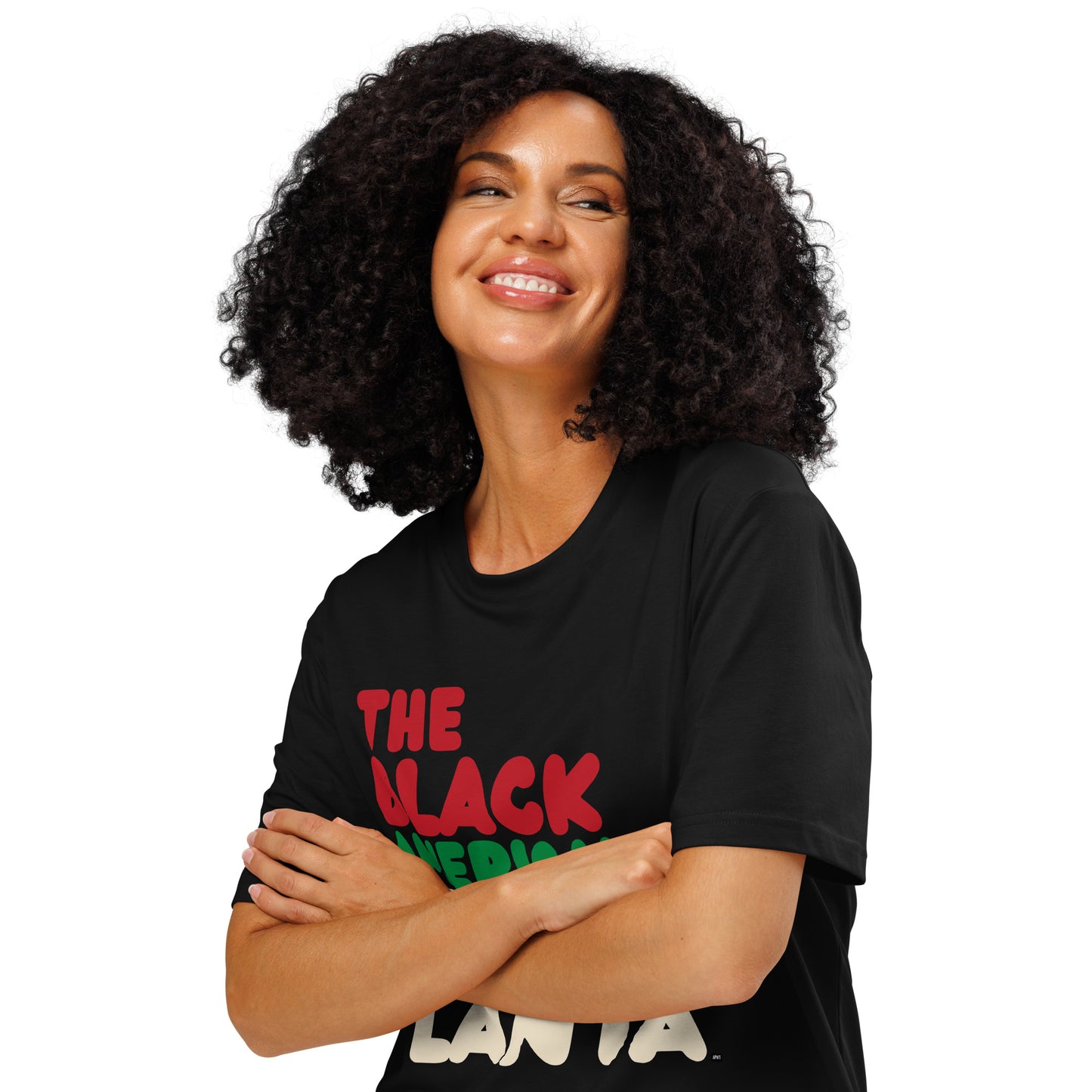 Woman wearing The Black American Atlanta Premium Unisex T-Shirt Close-up
