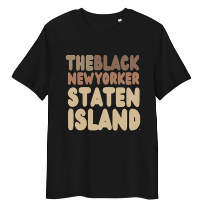 Black t-shirt with 'THEBLACK NEW YORKER STATEN ISLAND' text on a white background