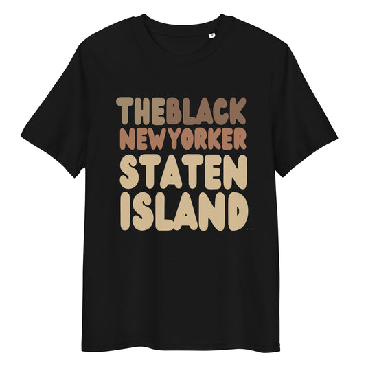 Black t-shirt with 'THEBLACK NEW YORKER STATEN ISLAND' text on a white background