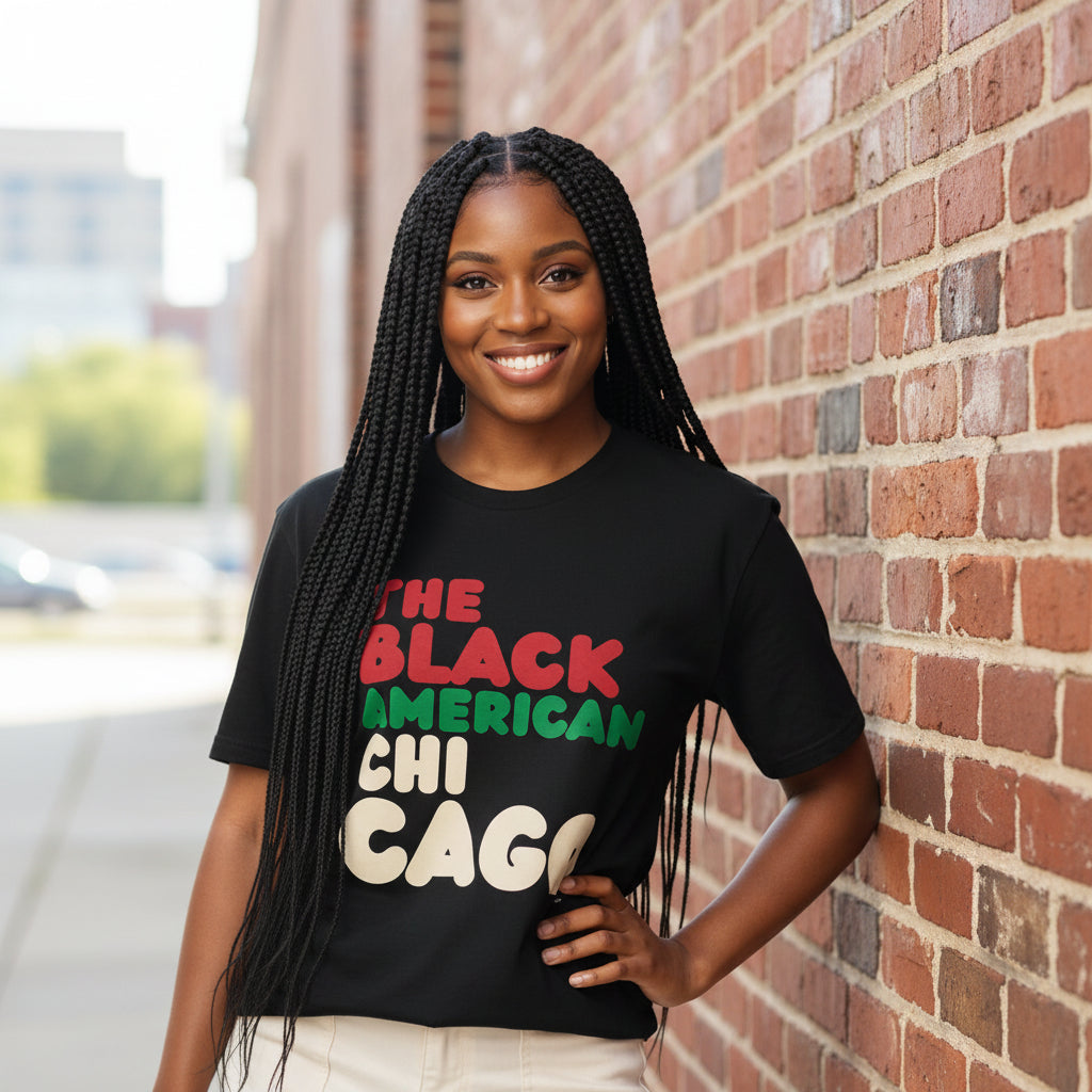 Woman wearing the APWT Gift Shop's the Black American Chicago Premium Unisex T-Shirt from the Black Collection