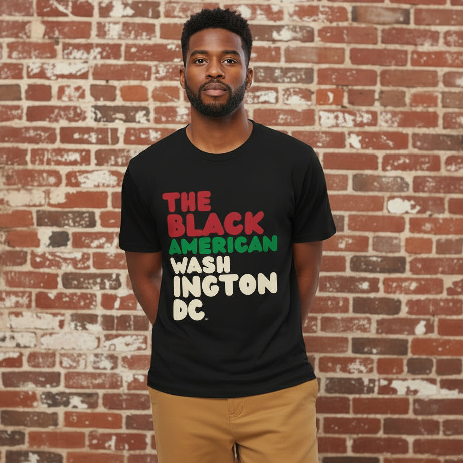 Woman wearing The Black American Washington DC Premium Unisex T-Shirt