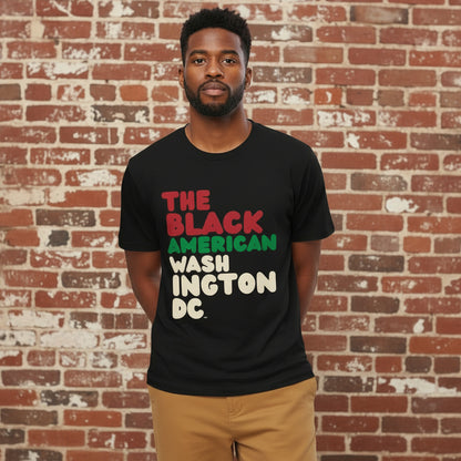Woman wearing The Black American Washington DC Premium Unisex T-Shirt