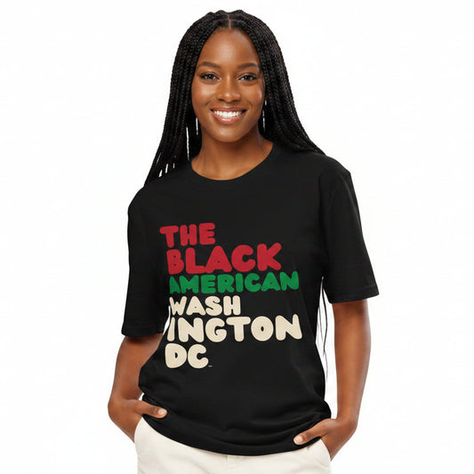 Woman wearing The Black American Washington DC Premium Unisex T-Shirt