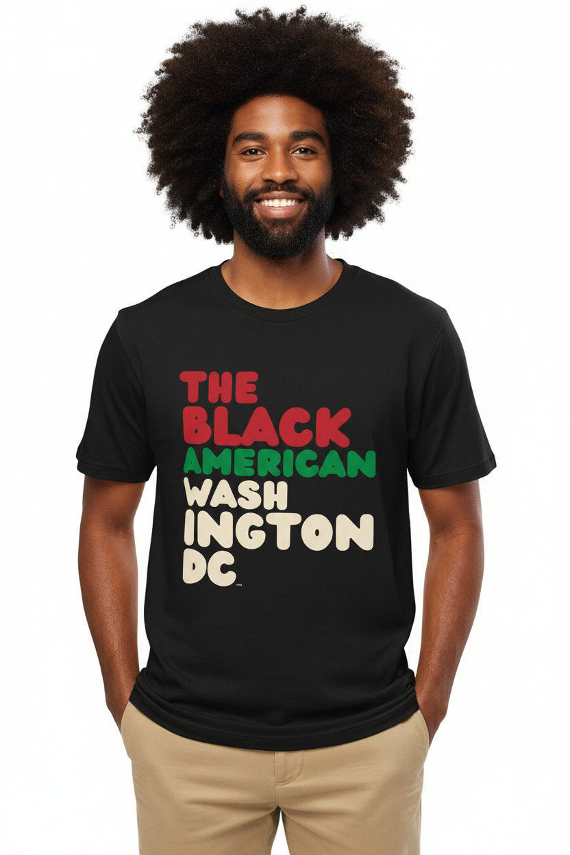 Man wearing the APWT Gift Shop's the Black American Washington DC Premium Unisex T-Shirt from the Black Collection