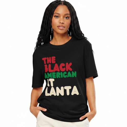 Woman wearing The Black American Atlanta Premium Unisex T-Shirt