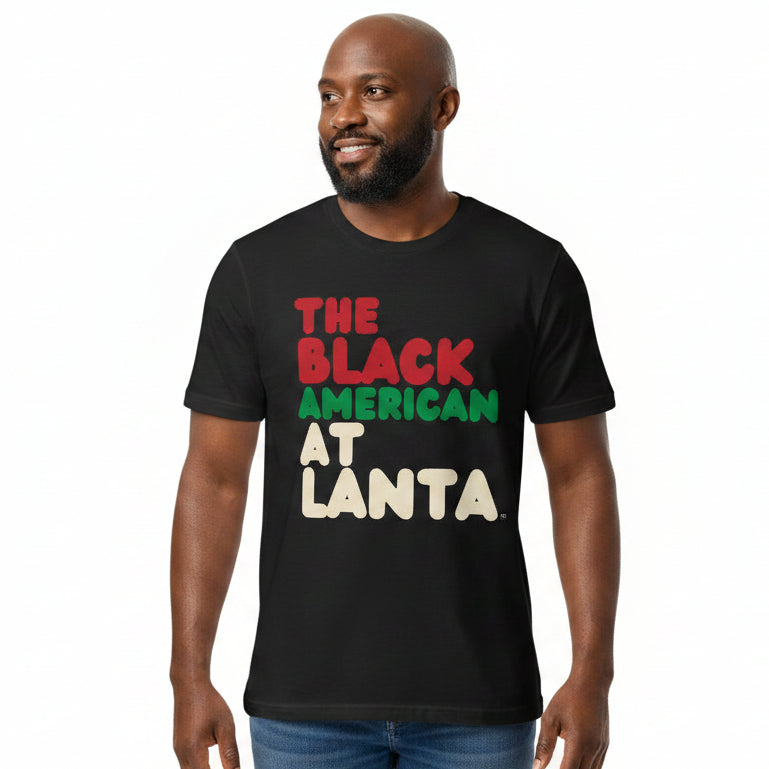 Man wearing The Black American Atlanta Premium Unisex T-Shirt