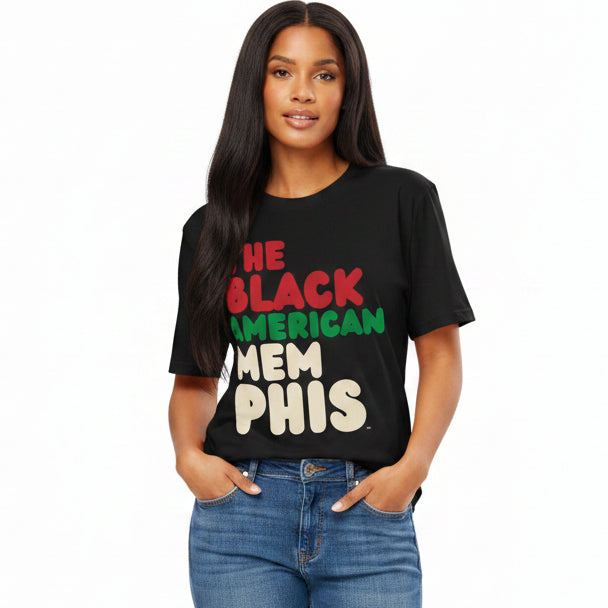 Woman wearing The APWT Gift Shop's the Black American Memphis Premium Unisex T-Shirt from the Black Collection