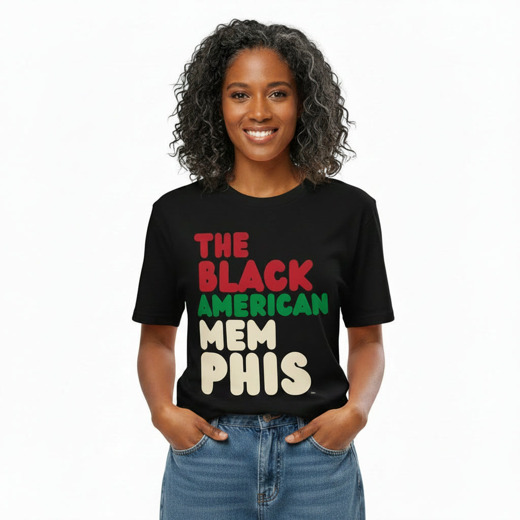Woman wearing the APWT Gift Shop's the Black American Memphis Premium Unisex T-Shirt from the Black Collection