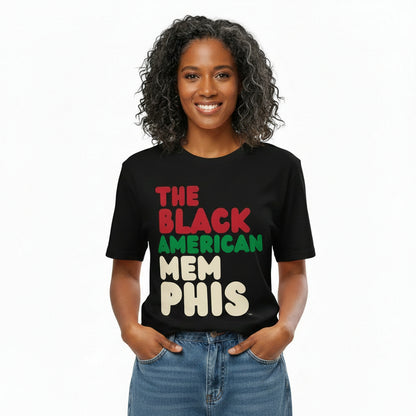 Woman wearing the APWT Gift Shop's the Black American Memphis Premium Unisex T-Shirt from the Black Collection