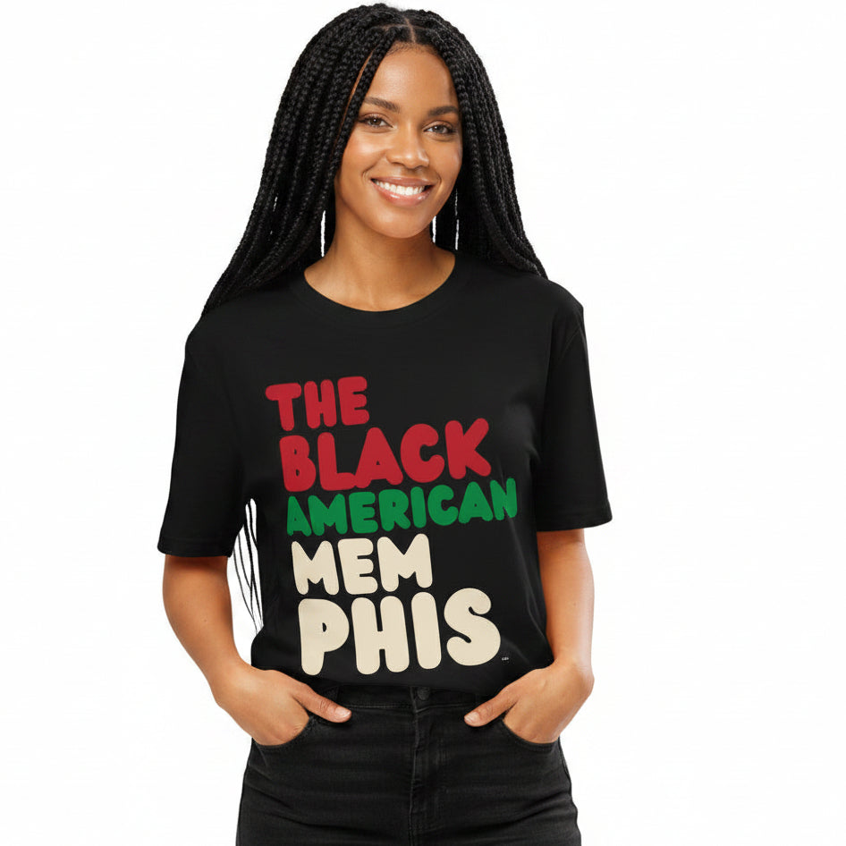 Woman wearing the APWT Gift Shop's the Black American Memphis Premium Unisex T-Shirt from the Black Collection