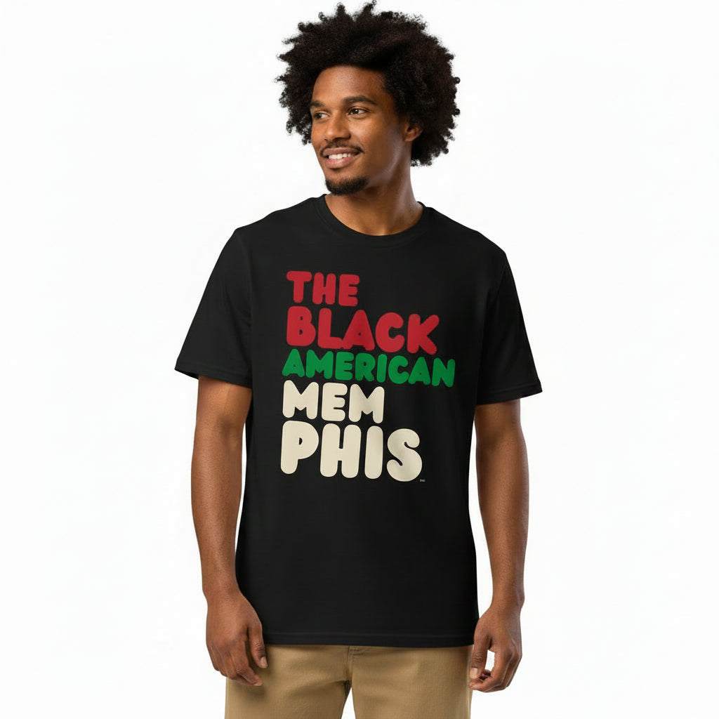 Man wearing The APWT Gift Shop's the Black American Memphis Premium Unisex T-Shirt from the Black Collection