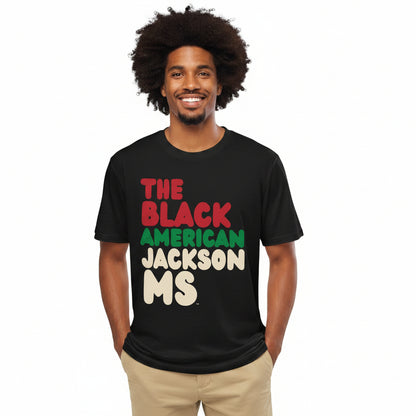 Man wearing the APWT Gift Shop's the Black American Jackson MS Premium Unisex T-Shirt from the Black Collection