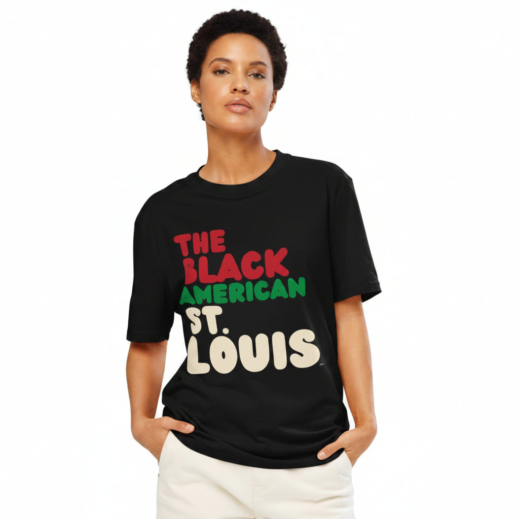 Woman wearing wearing the APWT Gift Shop's the Black American St. Louis Premium Unisex T-Shirt from the Black Collection