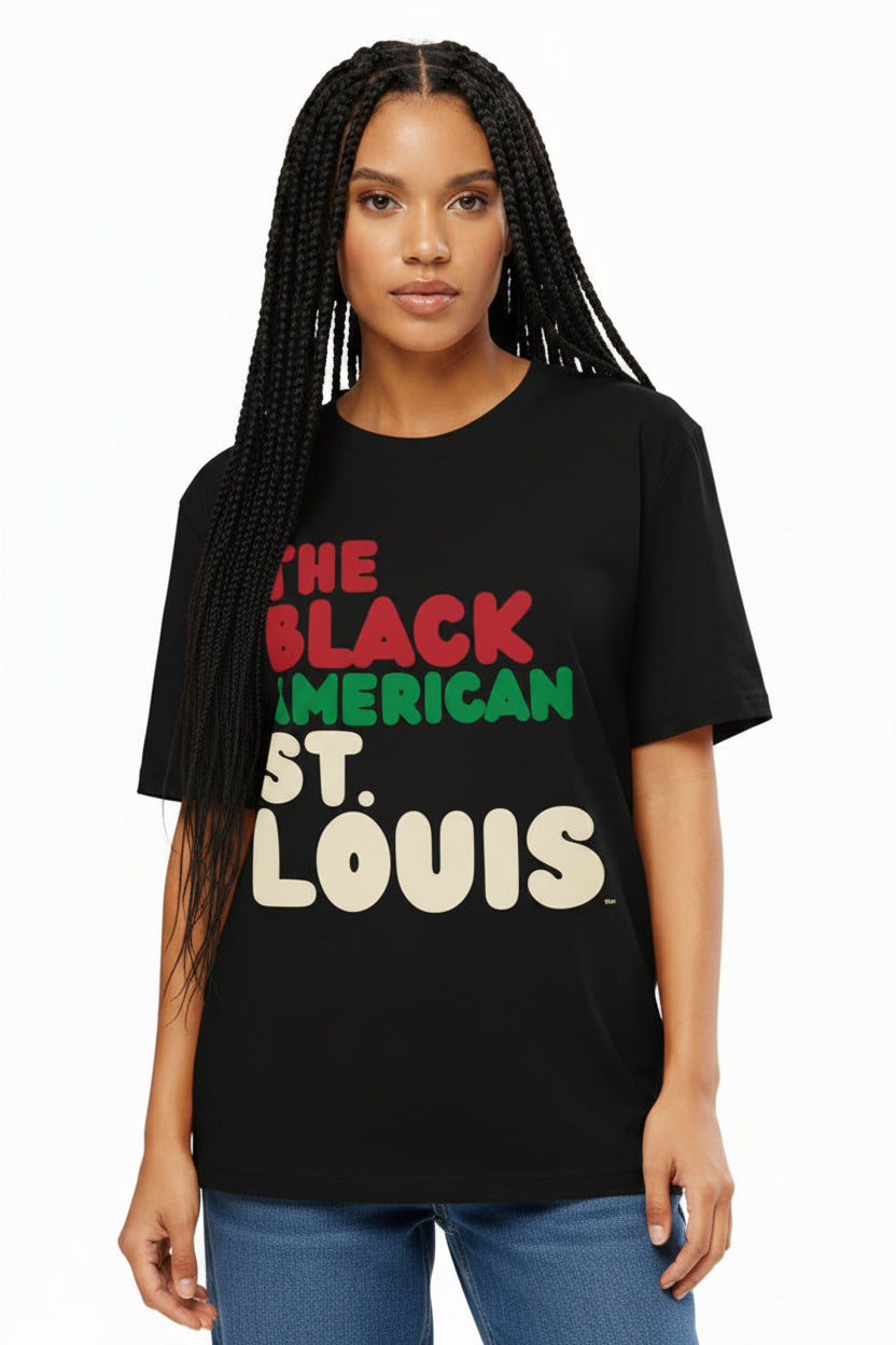 Woman wearing wearing the APWT Gift Shop's the Black American St. Louis Premium Unisex T-Shirt from the Black Collection