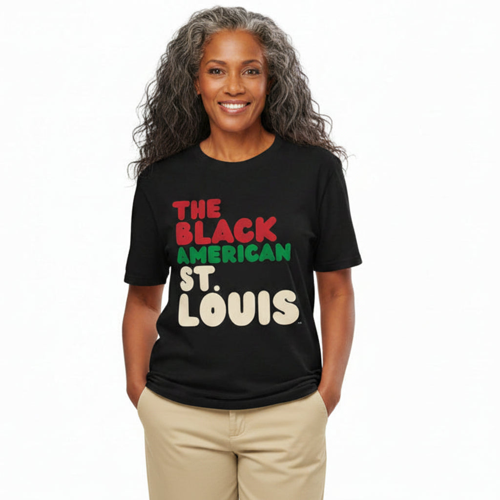 Woman wearing wearing the APWT Gift Shop's the Black American St. Louis Premium Unisex T-Shirt from the Black Collection