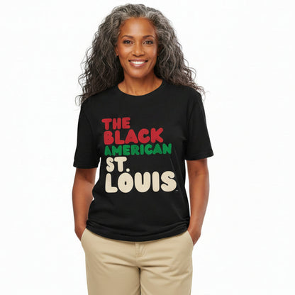 Woman wearing wearing the APWT Gift Shop's the Black American St. Louis Premium Unisex T-Shirt from the Black Collection