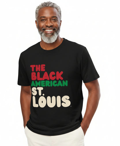 Man wearing wearing the APWT Gift Shop's the Black American St. Louis Premium Unisex T-Shirt from the Black Collection