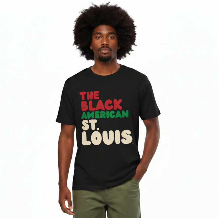 Man wearing wearing the APWT Gift Shop's the Black American St. Louis Premium Unisex T-Shirt from the Black Collection
