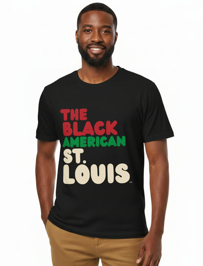 Man wearing wearing the APWT Gift Shop's the Black American St. Louis Premium Unisex T-Shirt from the Black Collection
