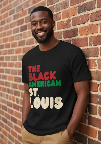 Man wearing the APWT Gift Shop's the Black American St. Louis Premium Unisex T-Shirt from the Black Collection