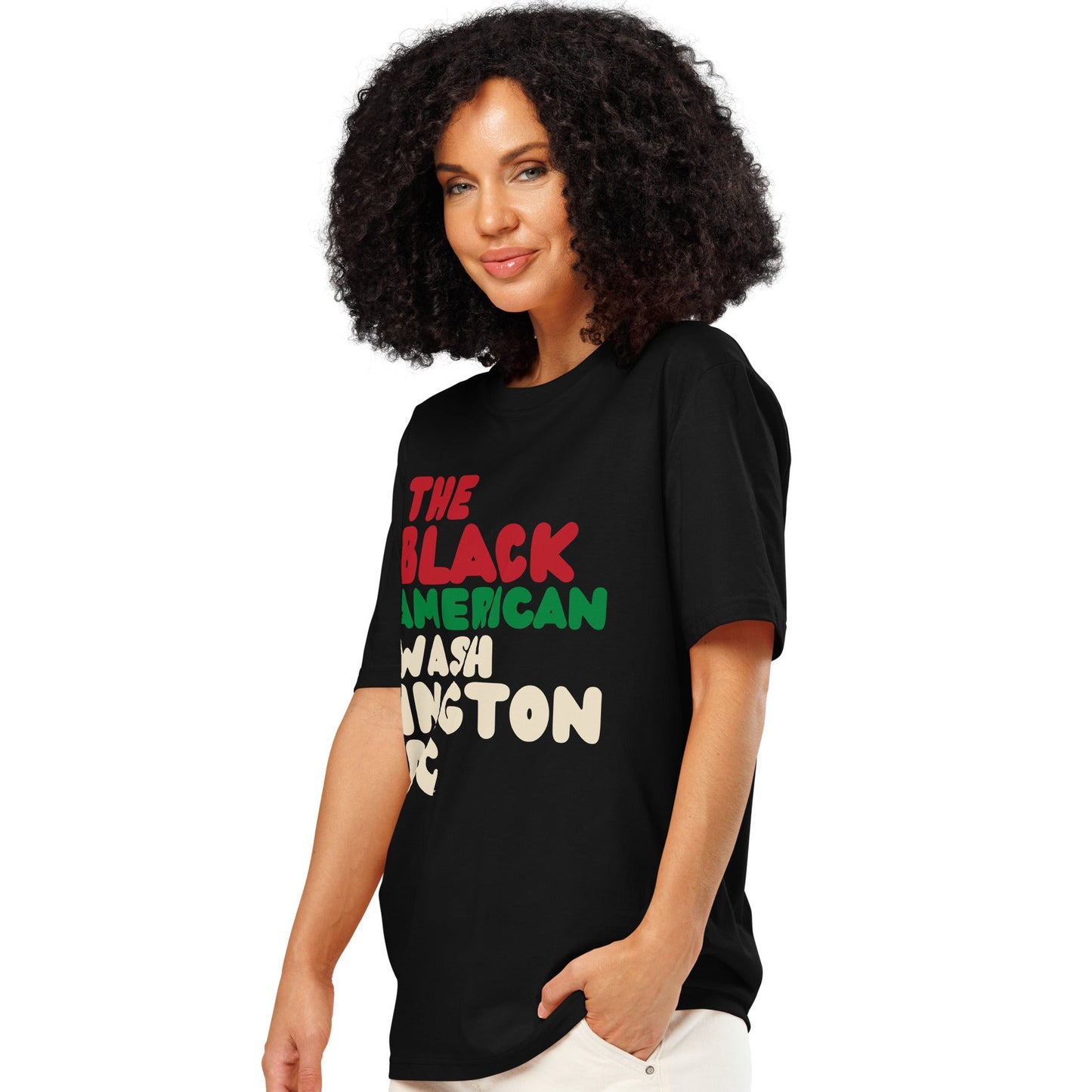 Woman wearing The Black American Washington DC Premium Unisex T-Shirt Side