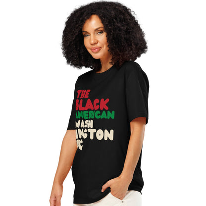Woman wearing The Black American Washington DC Premium Unisex T-Shirt Side