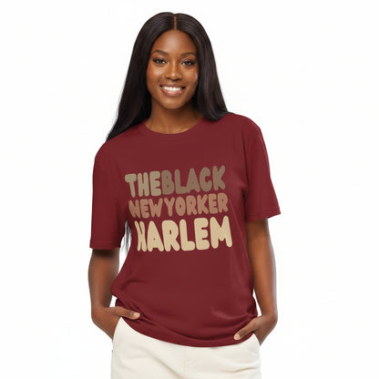 Woman wearing The Black NewYorker Harlem Premium Unisex T-Shirt in Burgundy