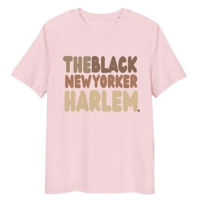 Pink t-shirt with 'THEBLACK NEWYORKER HARLEM' text on a white background