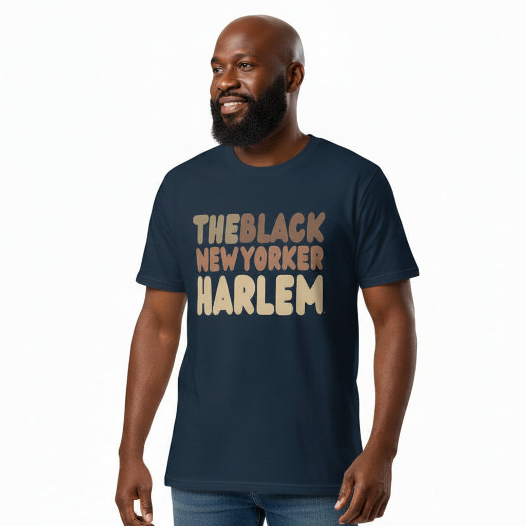 man wearing The Black NewYorker Harlem Premium Unisex T-Shirt in Navy Blue