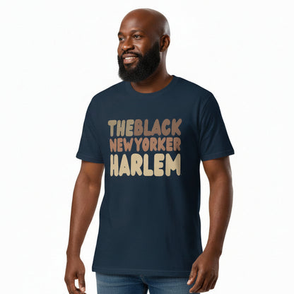 man wearing The Black NewYorker Harlem Premium Unisex T-Shirt in Navy Blue