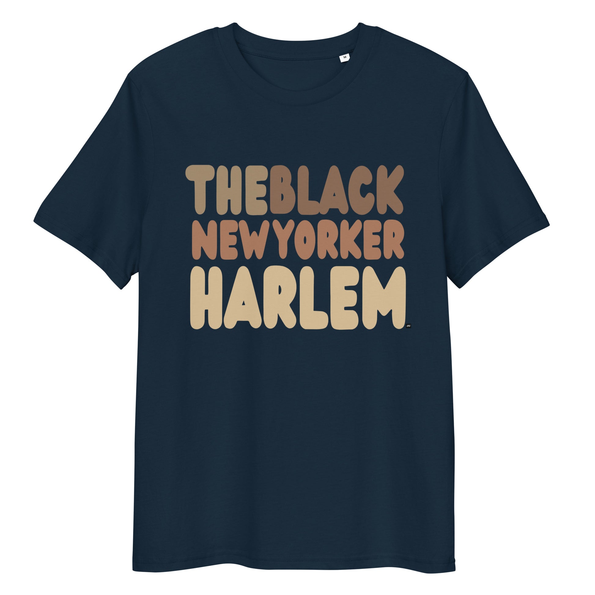 Navy blue t-shirt with 'THEBLACK NEW YORKER HARLEM' text on a white background
