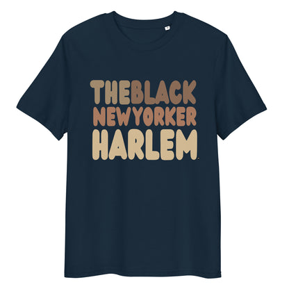 Navy blue t-shirt with 'THEBLACK NEW YORKER HARLEM' text on a white background
