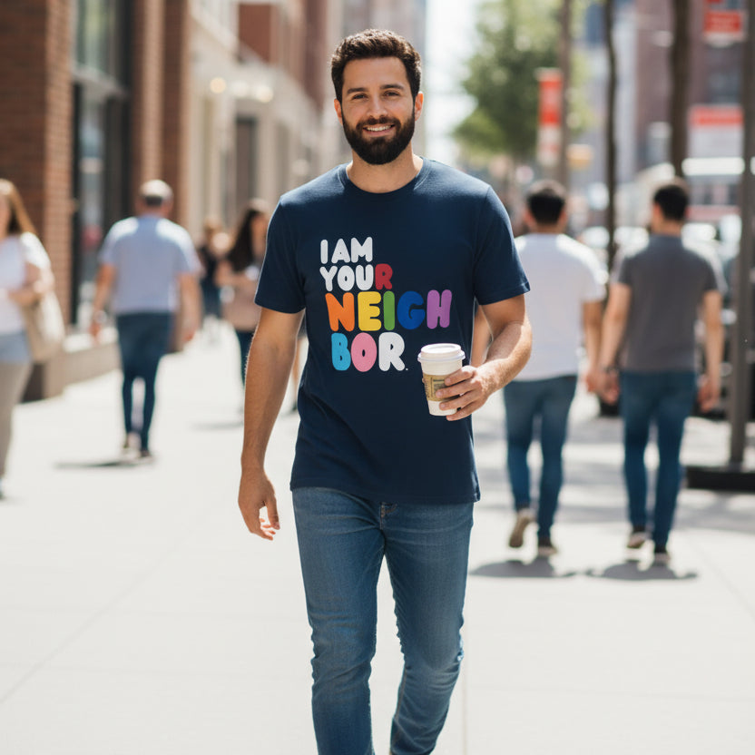 Man walking down a city sidewalk wearing the APWT Gift Shop's I Am Your Neighbor Premium Unisex T-Shirt from the Pride in the APWT Gift Shop Collection
