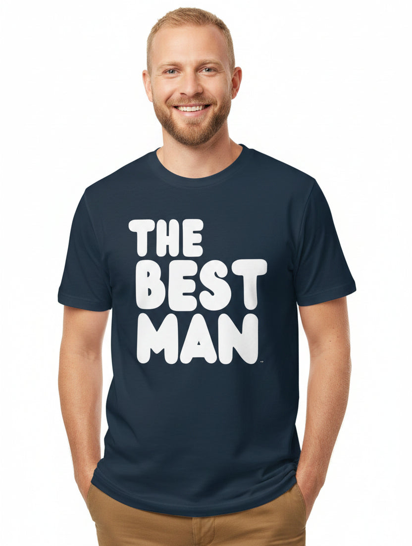 Man wearing the APWT Gift Shops The Best Man Premium Unisex T-Shirt from the APWT Wedding Shop in Navy Blue 
