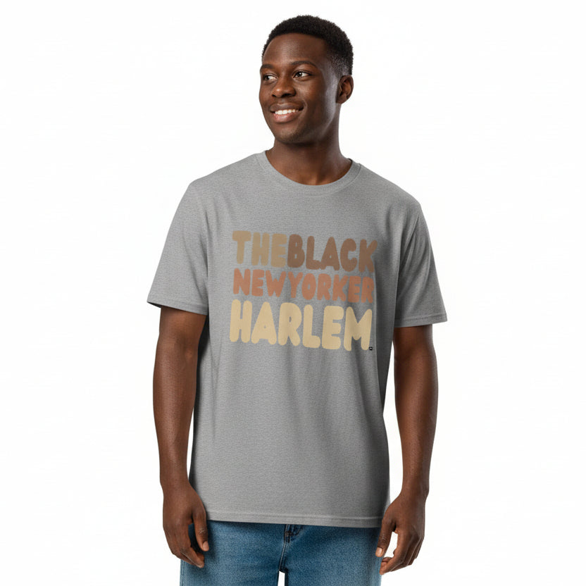 man wearing The Black NewYorker Harlem Premium Unisex T-Shirt in Grey