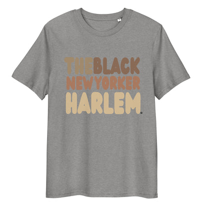 Gray t-shirt with 'THEBLACK NEW YORKER HARLEM' text on a white background