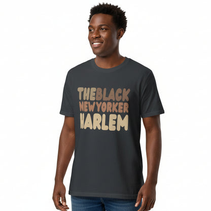 man wearing The Black NewYorker Harlem Premium Unisex T-Shirt in Dark Grey